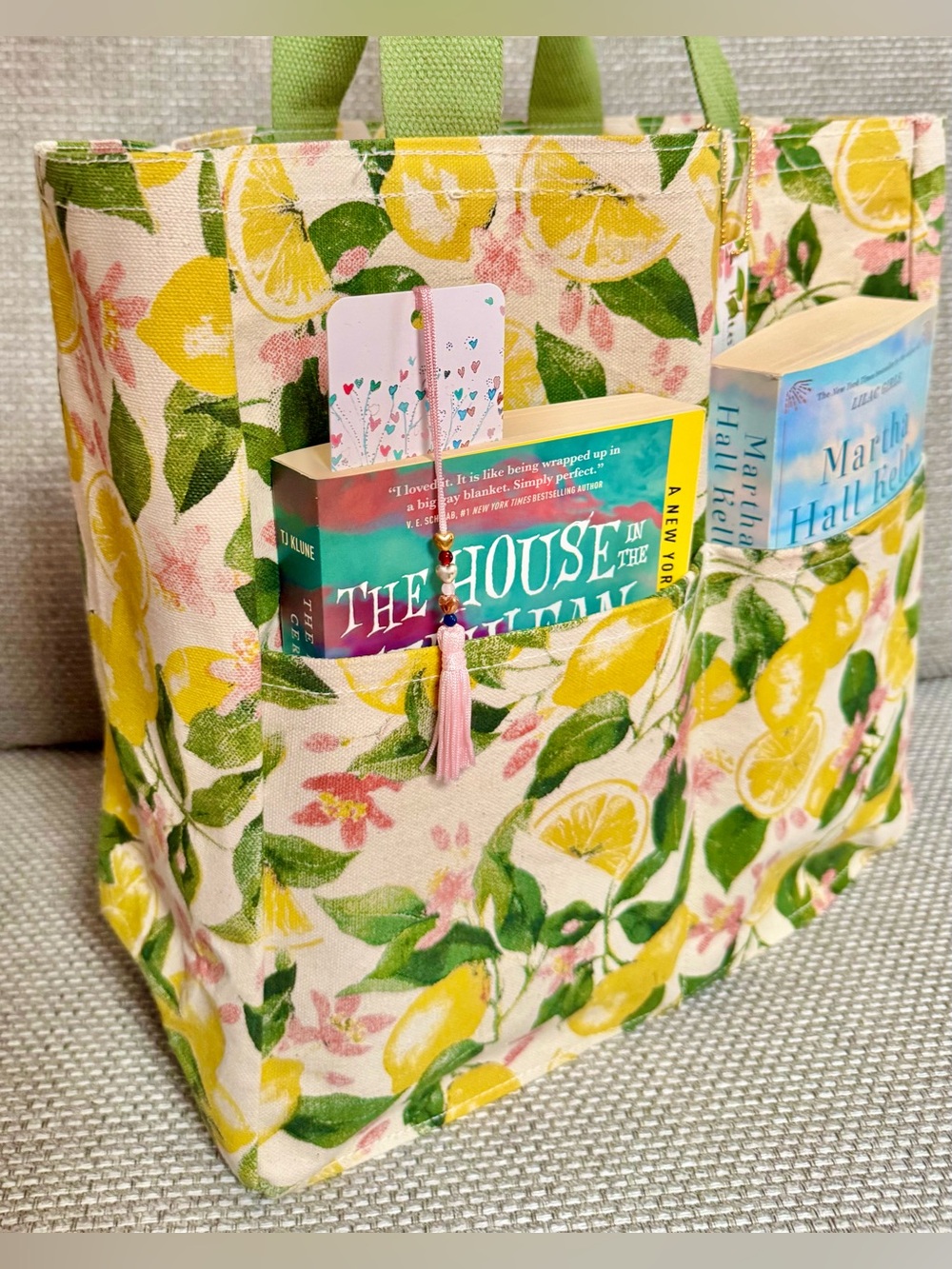 🍋 Lemons Print Canvas Book Bag Tote Shoulder Bag Pink Florals & Green Leaves NWT - Picture 3 of 8